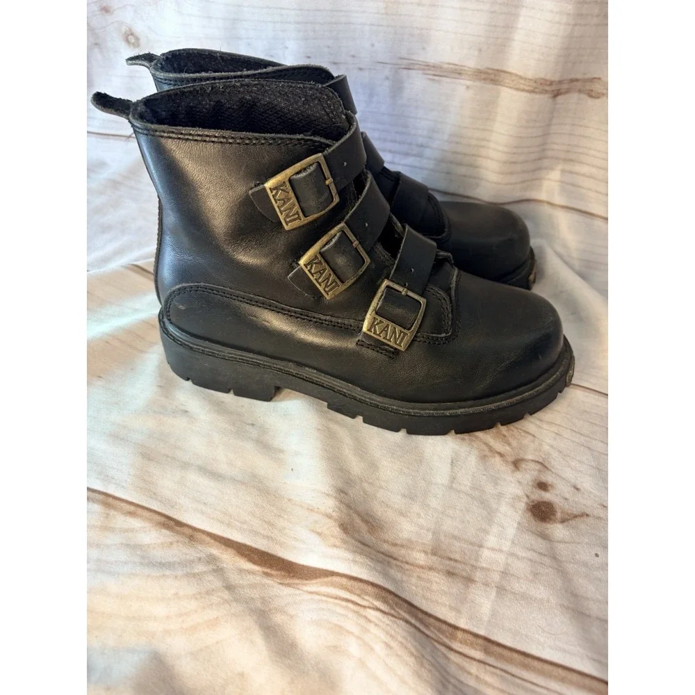 Karl Kani‎ Vintage Leather Ankle Motorcycle Lugged Biker Boots Black Men4 W 5.5